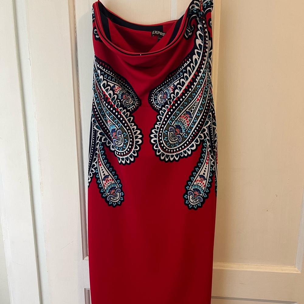 Express strapless dress. Roughly knee length with zipper on the side.